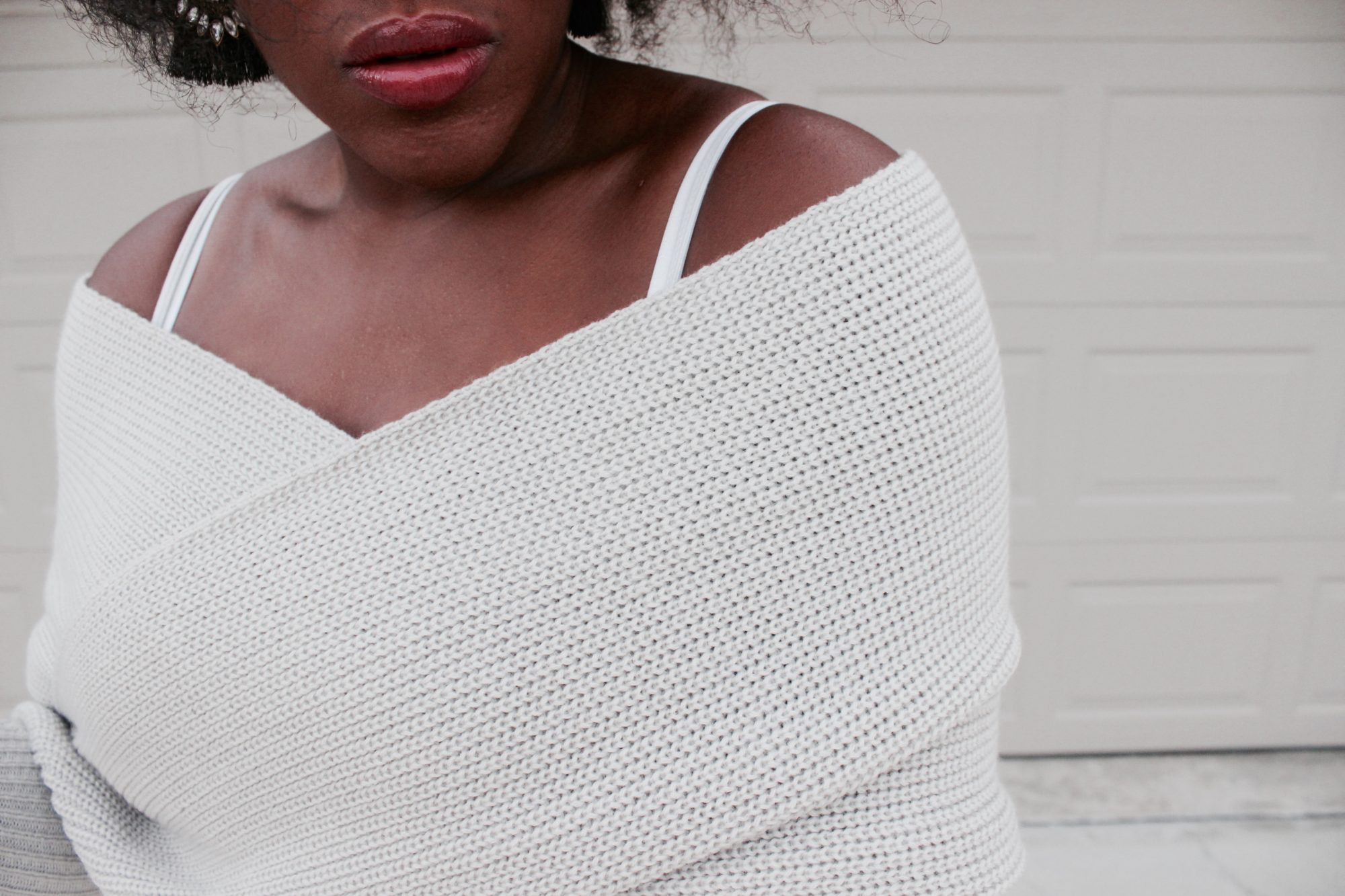 cross wrap off the shoulder sweater